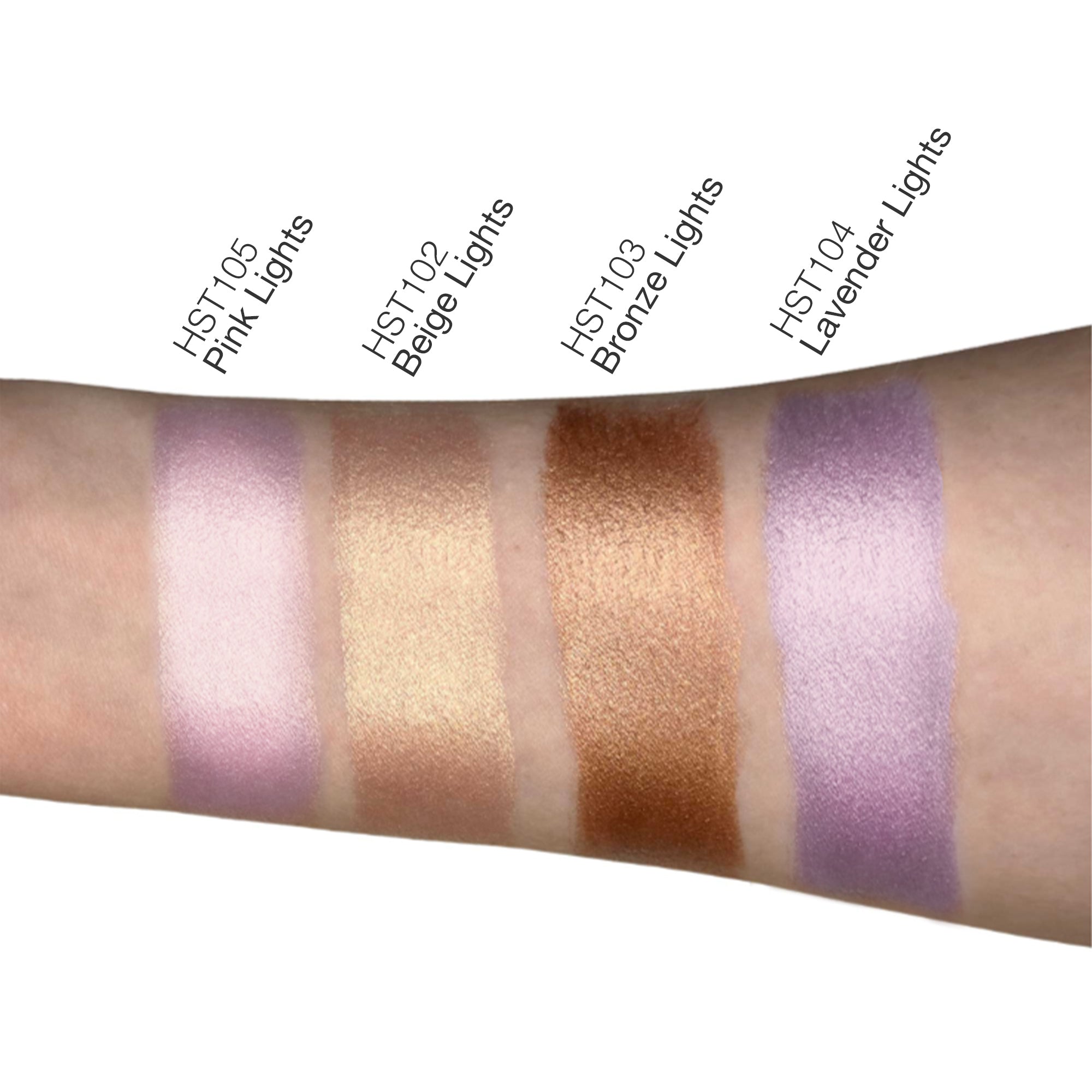 Color swatches on a arm with labels for HST103 Pink Lights, HST102 Beige Lights, HST103 Bronze Lights, and HST104 Lavender Lights.
